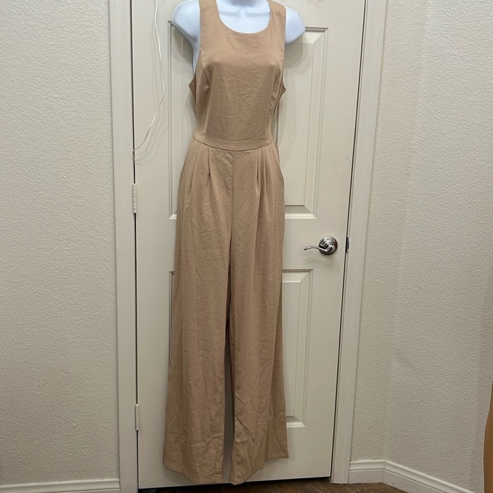 Nasty Gal Khaki Beige Pants Romper Scoop Neck Sleeveless Wide Leg Cut Out Back